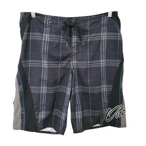 ONeill Mens Plaid Board Shorts Size 32 Black/Gray/Blue Surf Swimwear Beach